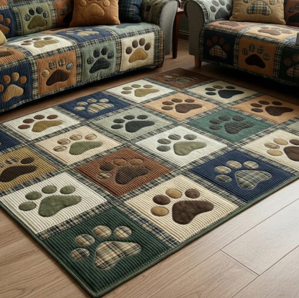 Love Paw area rug in a living room