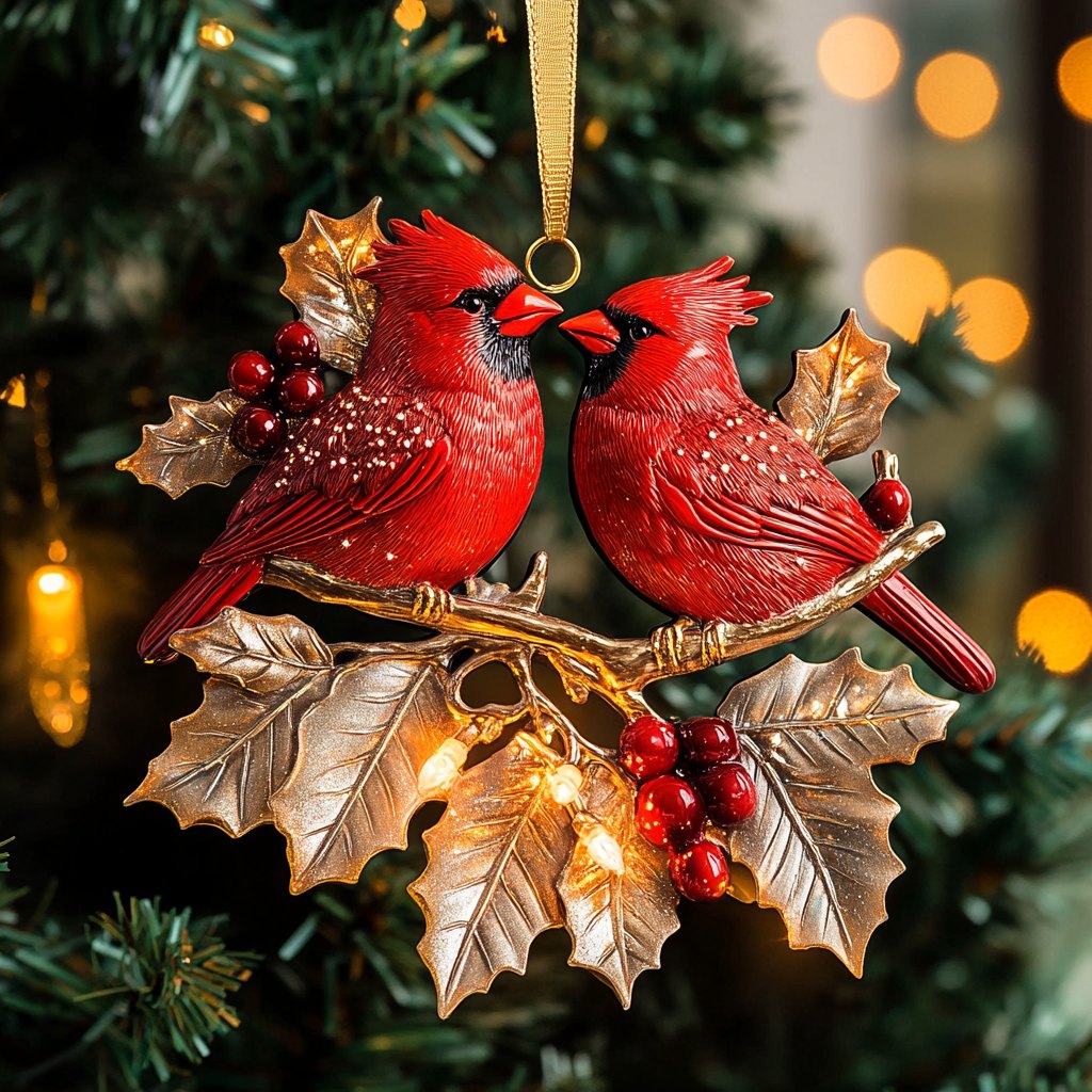 Golden Holly Cardinal Pair Christmas Ornament