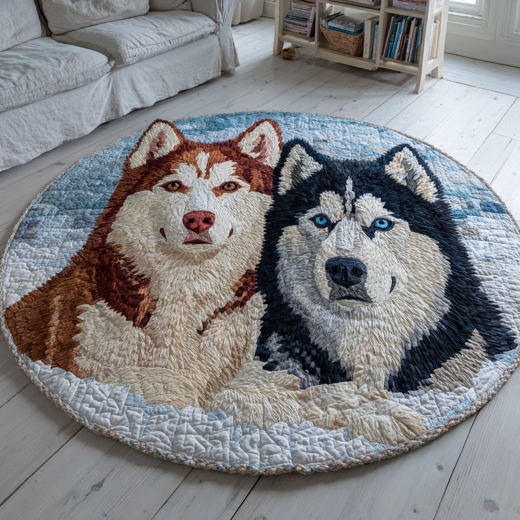 Loyal Husky Duo Round Mat Rug - washable non-slip printed rug