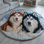 Loyal Husky Duo Round Mat Rug - washable non-slip printed rug