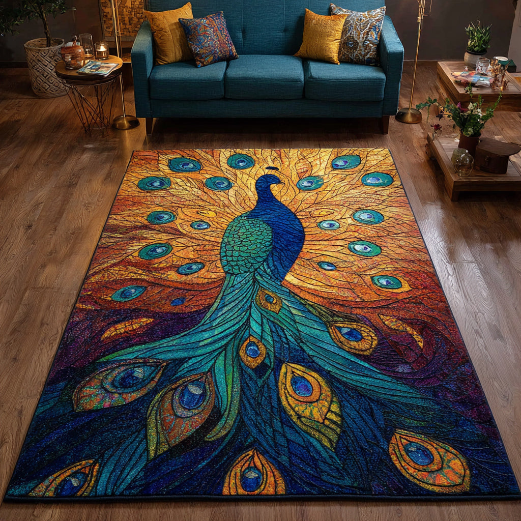 Luminous Peacock Fan area rug in a living room
