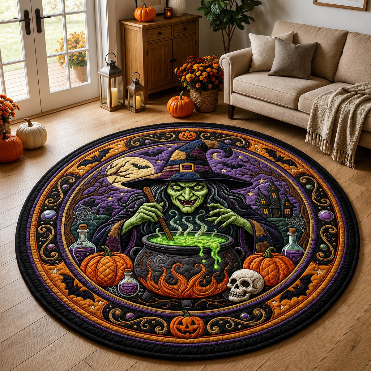 Magic Witch Halloween Round Mat Rug - washable non-slip printed rug