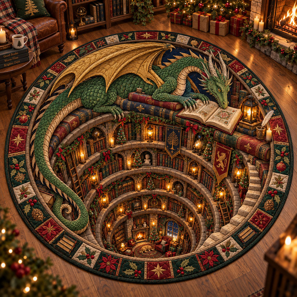Magical Holiday Dragon Library Round Mat Rug - Cute Animal Design | Charming Home Decor - washable non-slip printed rug