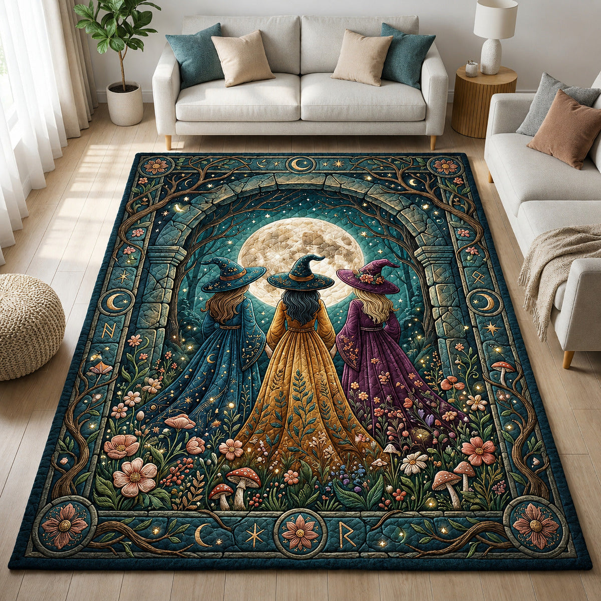 Magical Three Witches area rug in a living room