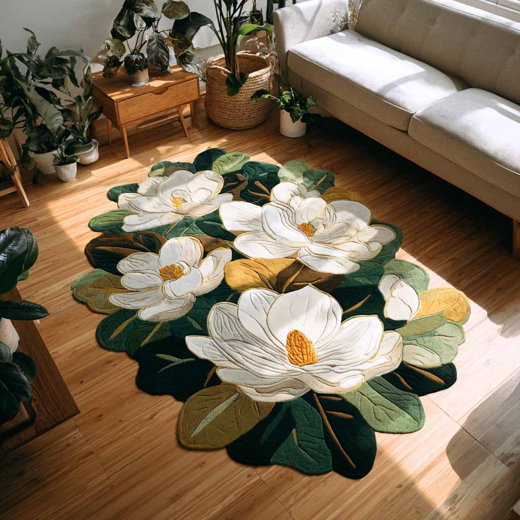 Magnolia Bloom Custom Shape Area Rug - Nature Design | Die-Cut Non-Slip Rug - washable non-slip printed rug