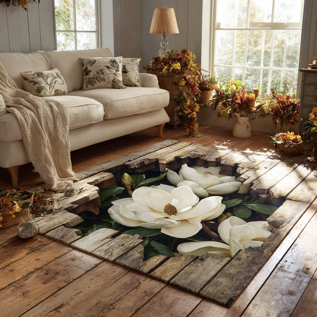 Magnolia Grace area rug in a living room