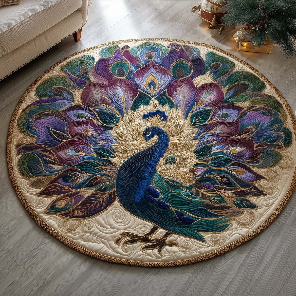 Majestic Feathers (Design 3) Round Mat Rug - washable non-slip printed rug