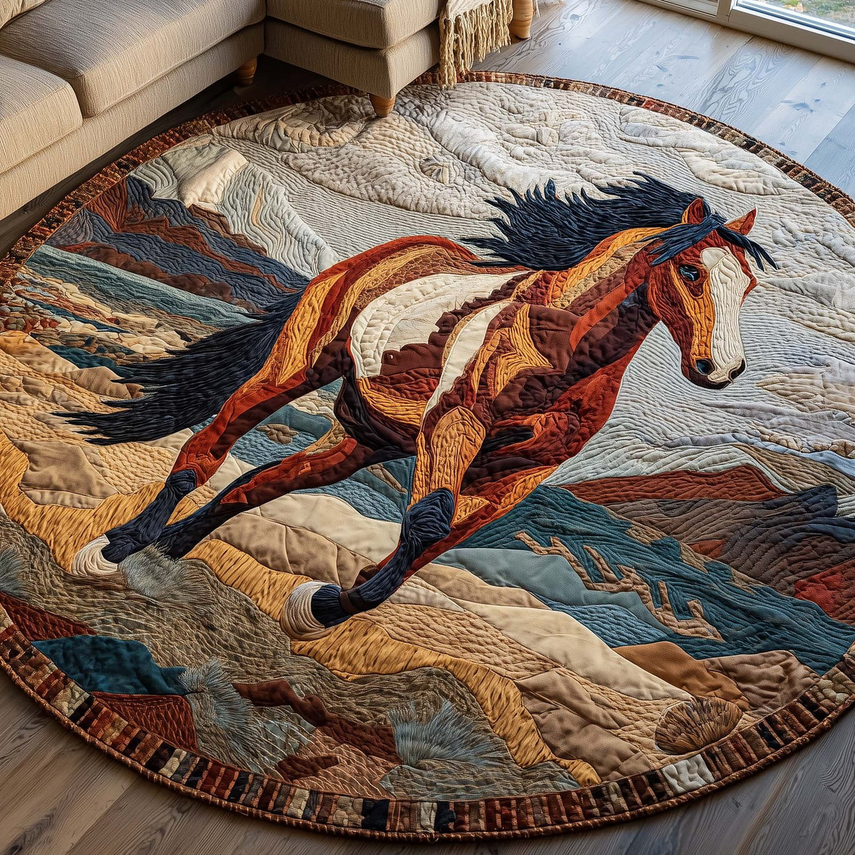 Majestic Horse Round Mat Rug - washable non-slip printed rug