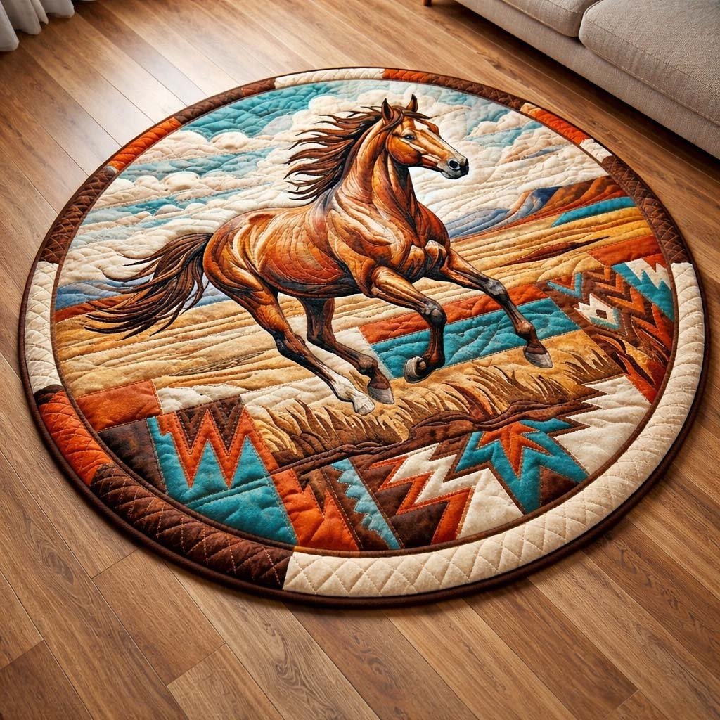 Majestic Horse Round Mat Rug - washable non-slip printed rug