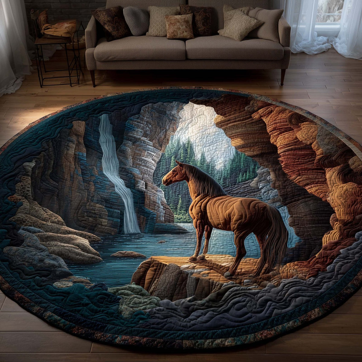 Majestic Horse Round Mat Rug - washable non-slip printed rug