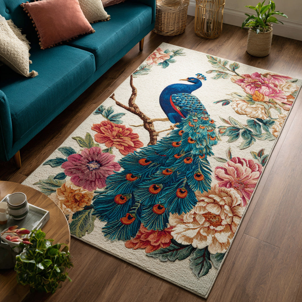Majestic Peacock Bloom area rug in a living room