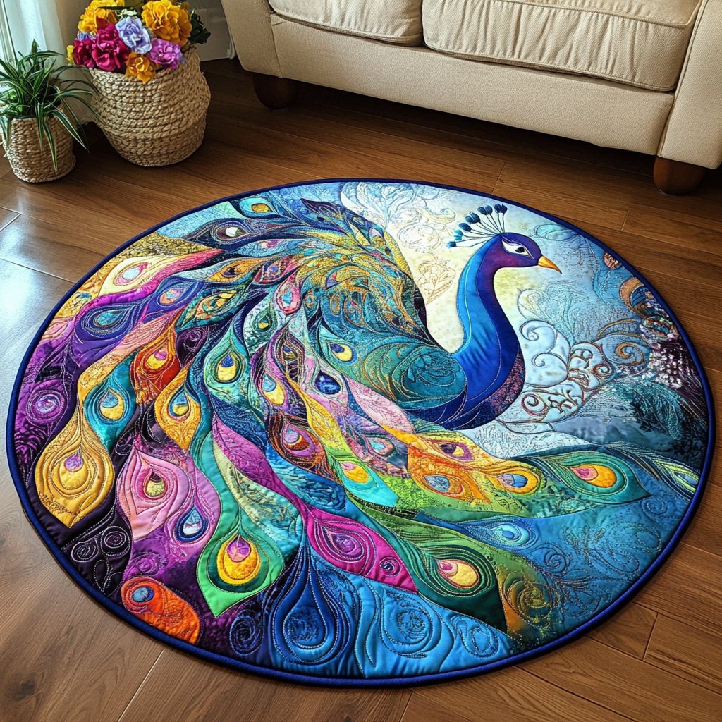 Majestic Peacock Round Mat Rug - washable non-slip printed rug