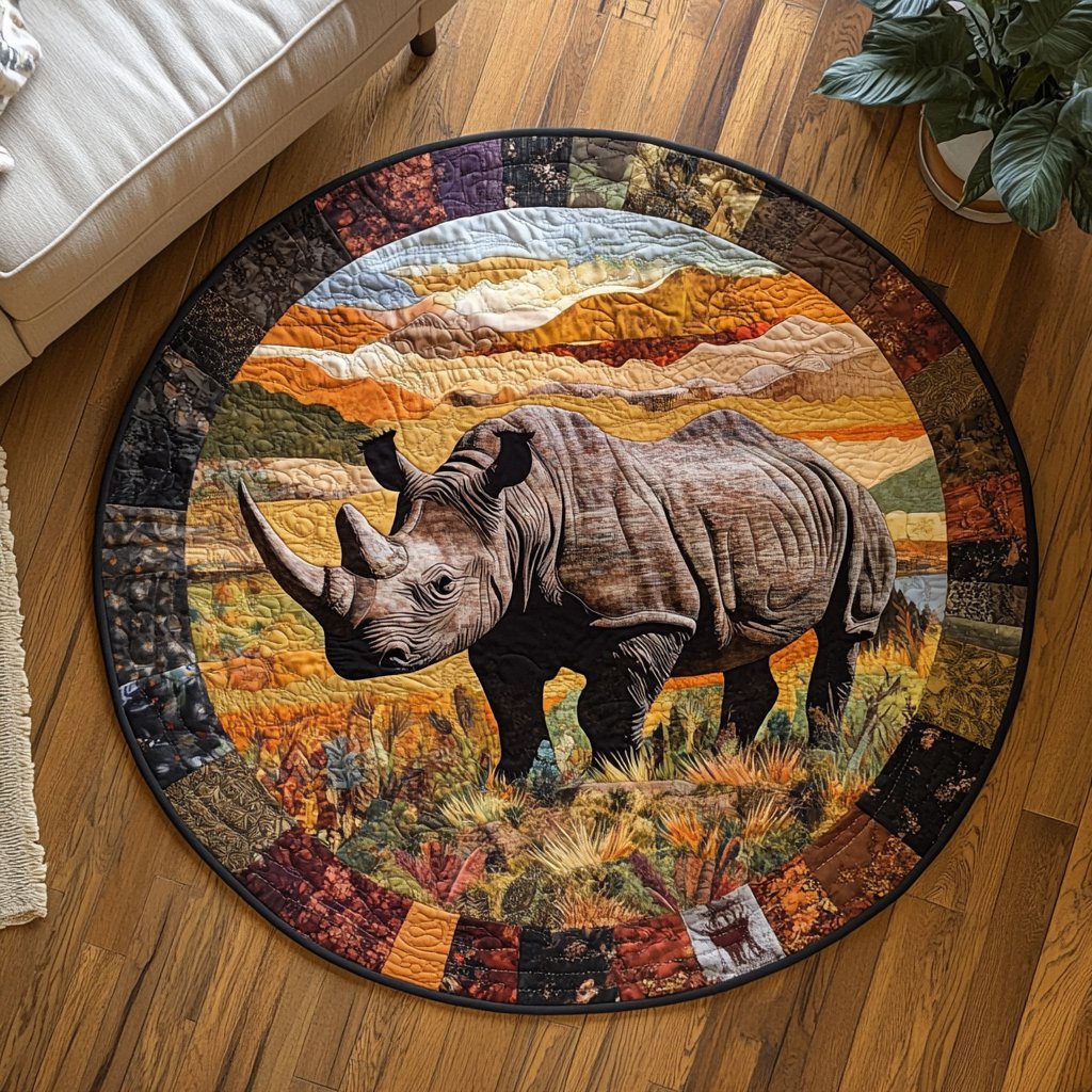 Majestic Rhino Round Mat Rug - washable non-slip printed rug