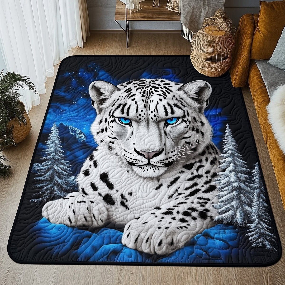Majestic White Leopard area rug in a living room