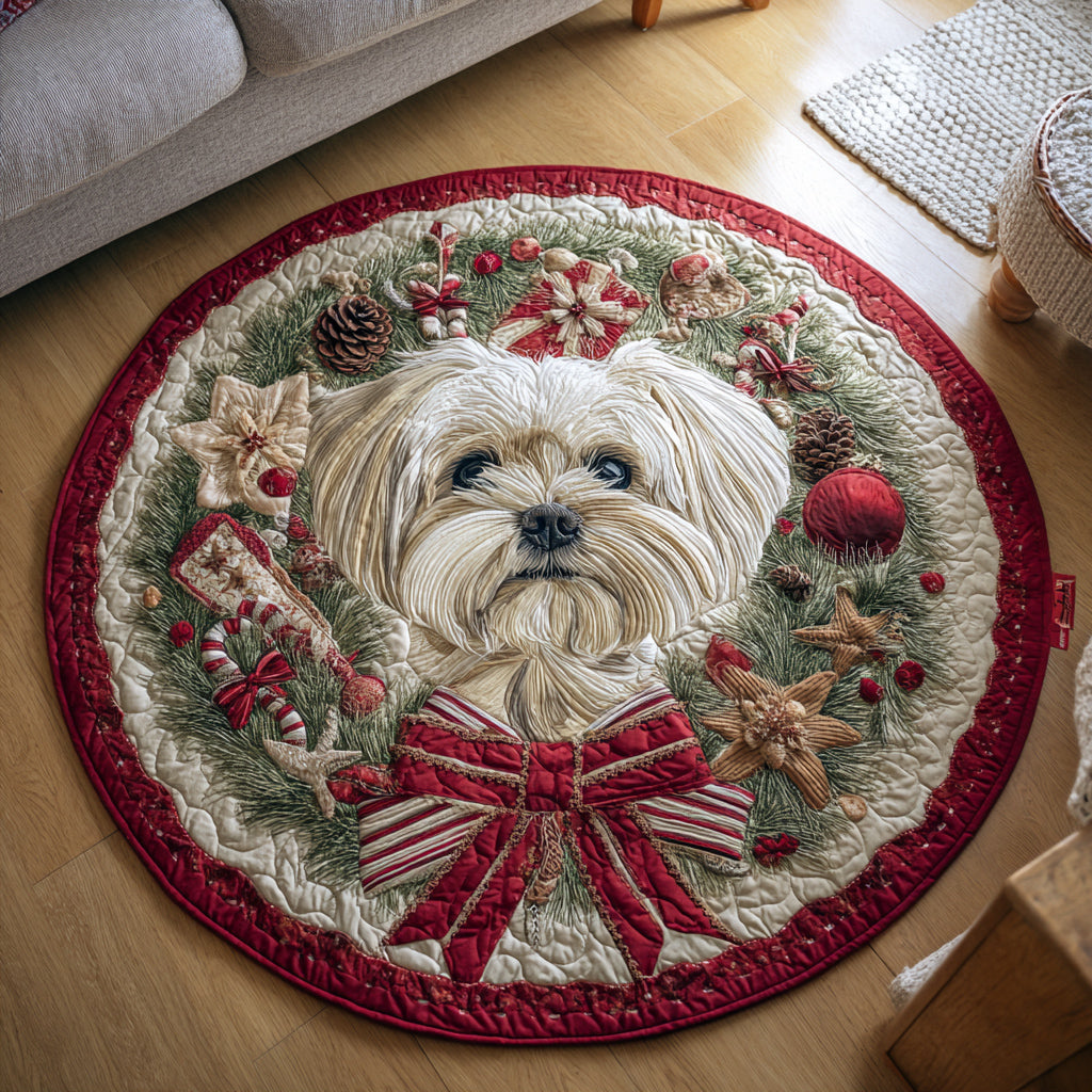 Maltese Holiday Wreath Round Mat Rug