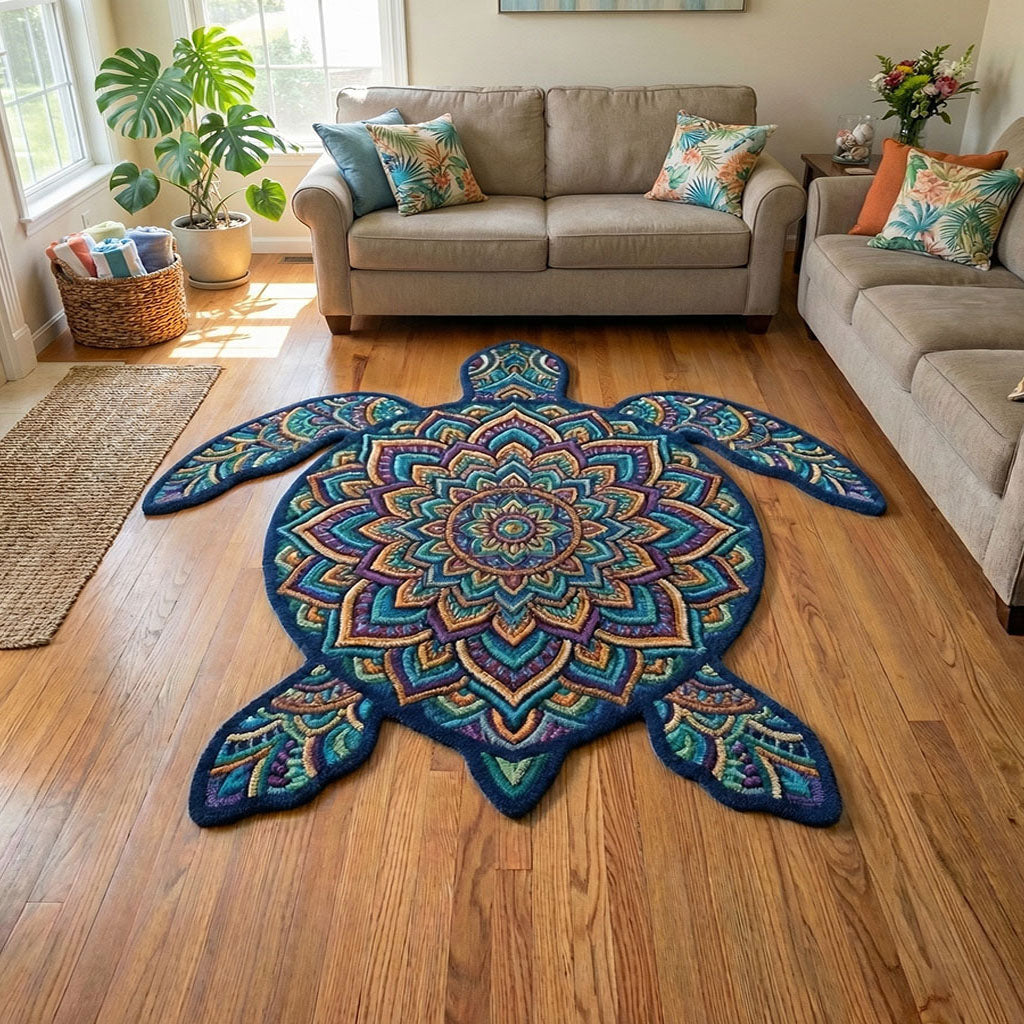 Mandala Turtle Custom Shape Area Rug - Cute Animal Design | Die-Cut Non-Slip Rug - washable non-slip printed rug