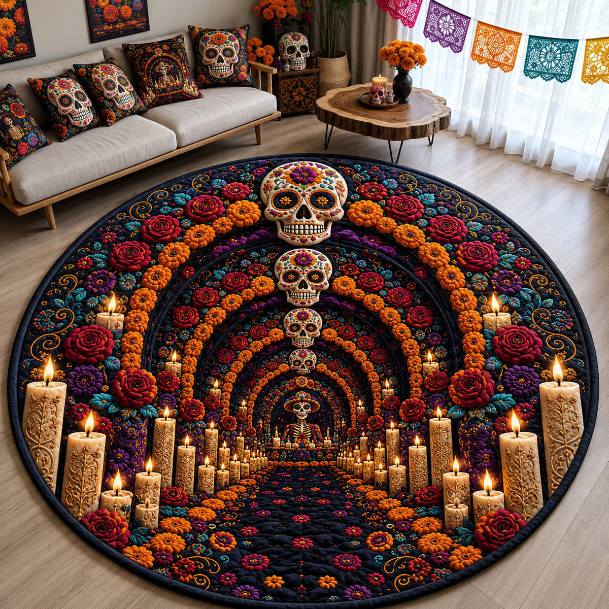 Mariachi Sugar Skull Round Mat Rug - Nature Design | Serene Home Decor - washable non-slip printed rug