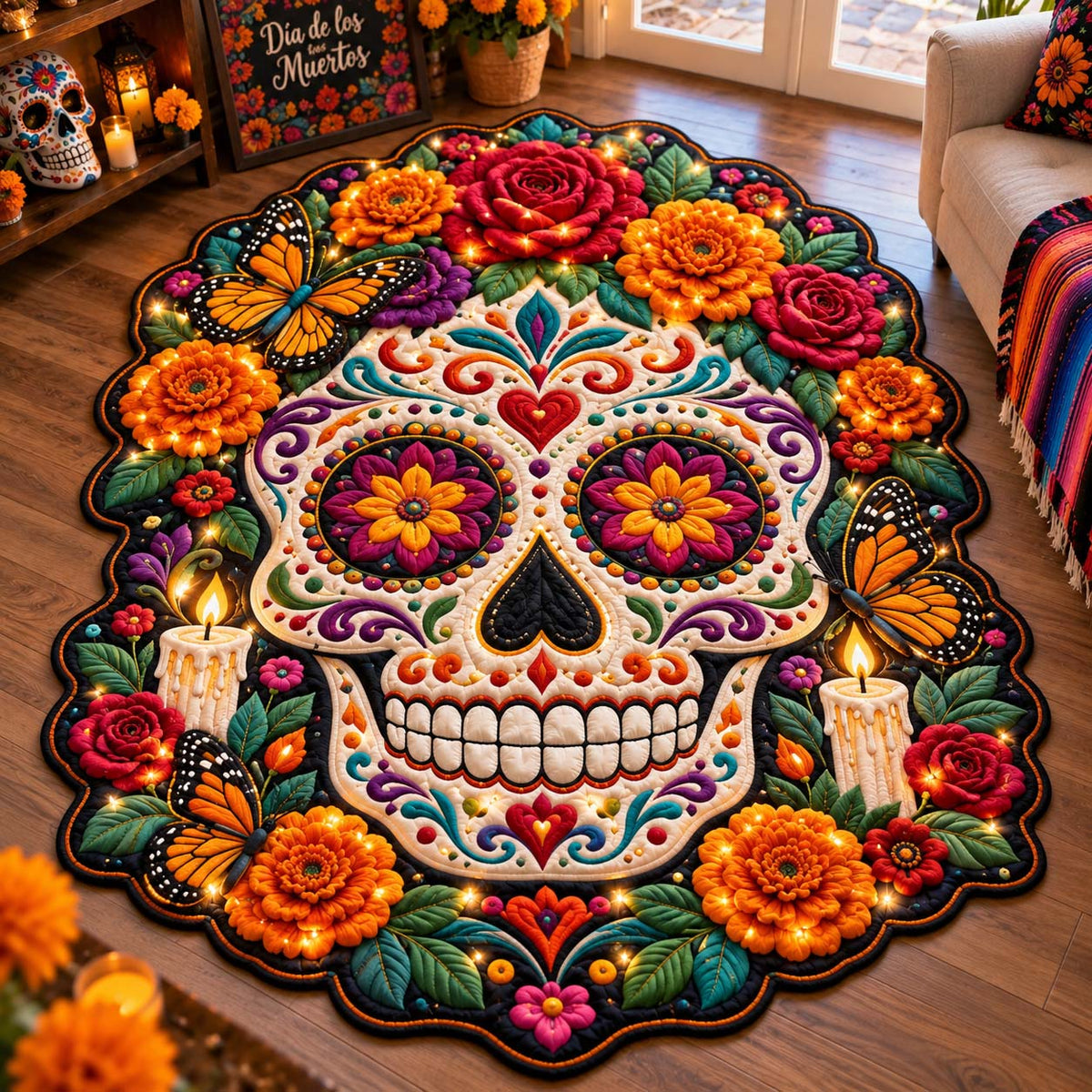 Marigold Sugar Skull Custom Shape Area Rug - Nature Design | Die-Cut Non-Slip Rug - washable non-slip printed rug