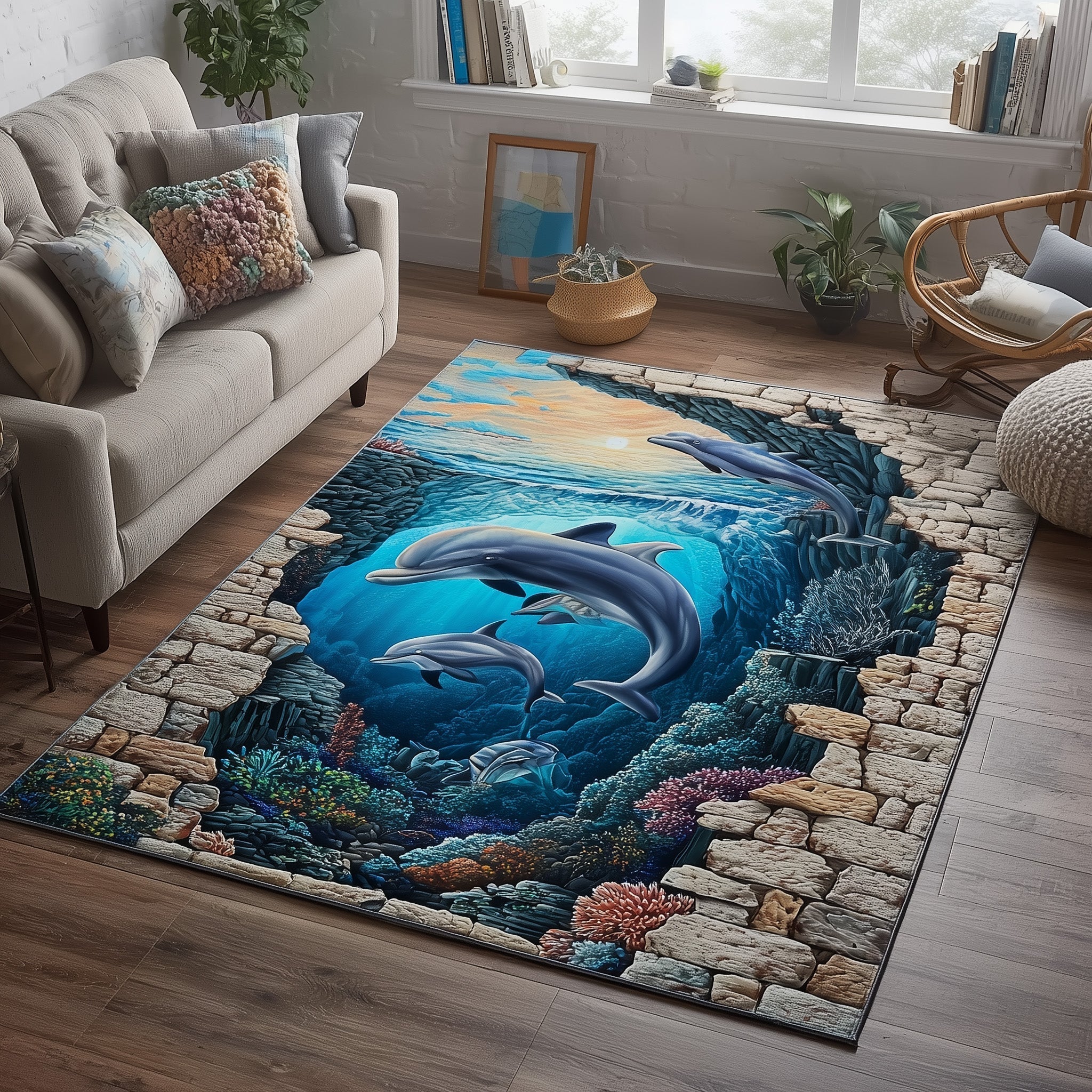 Marine Sanctuary area rug in a living room