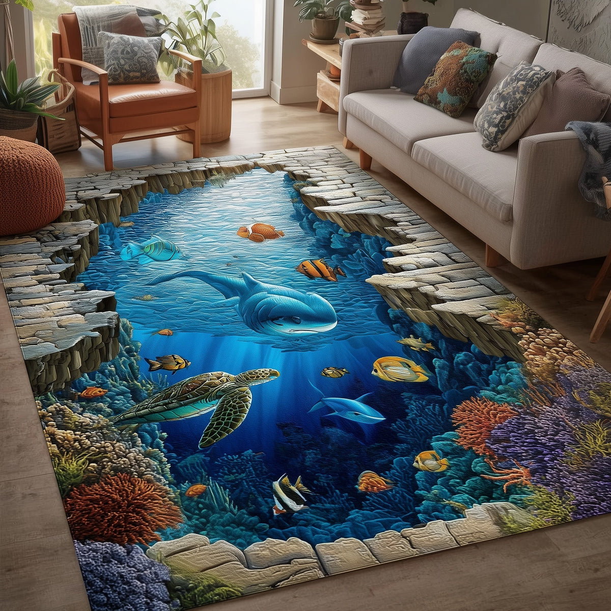 Marine Sanctuary area rug in a living room