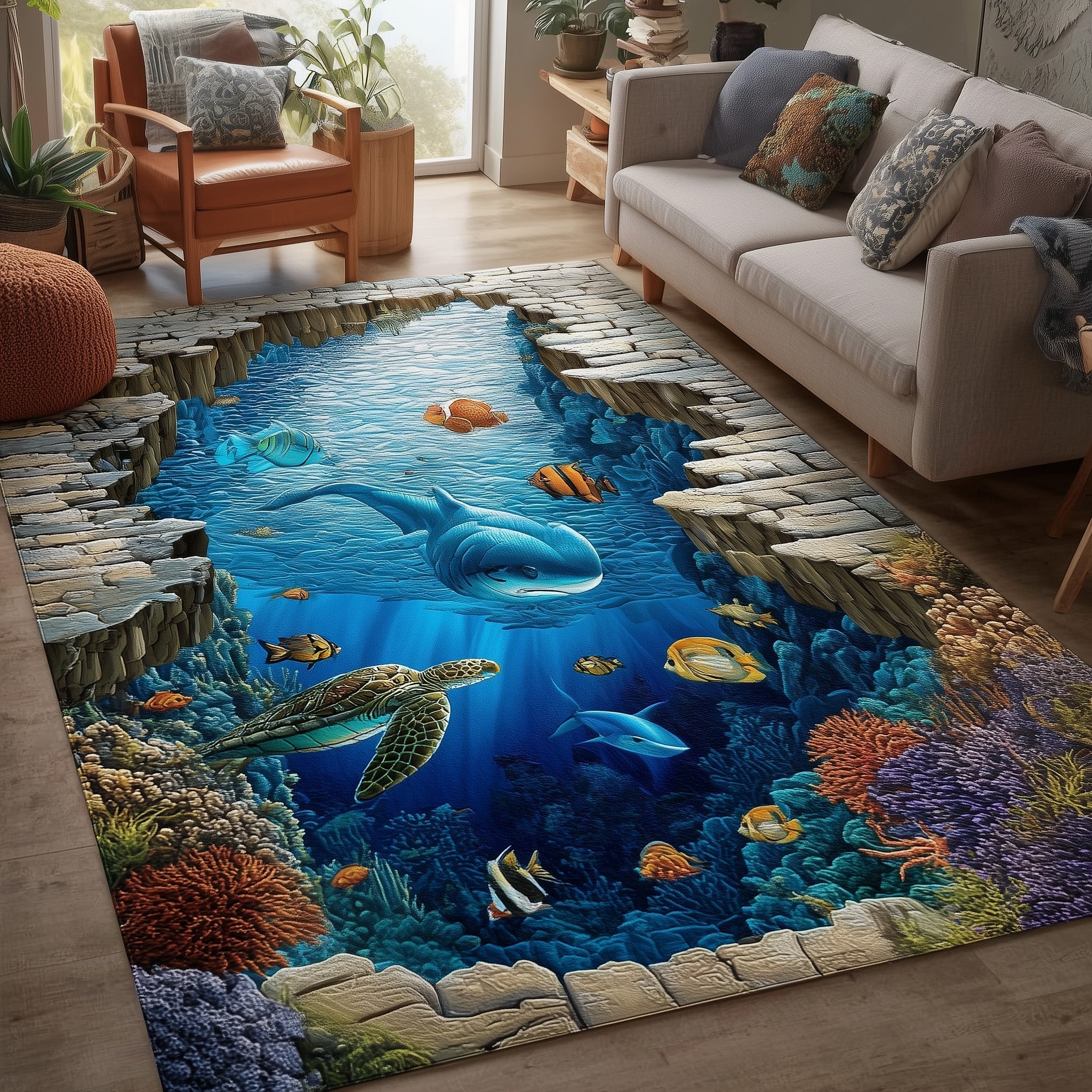 Marine Sanctuary area rug in a living room
