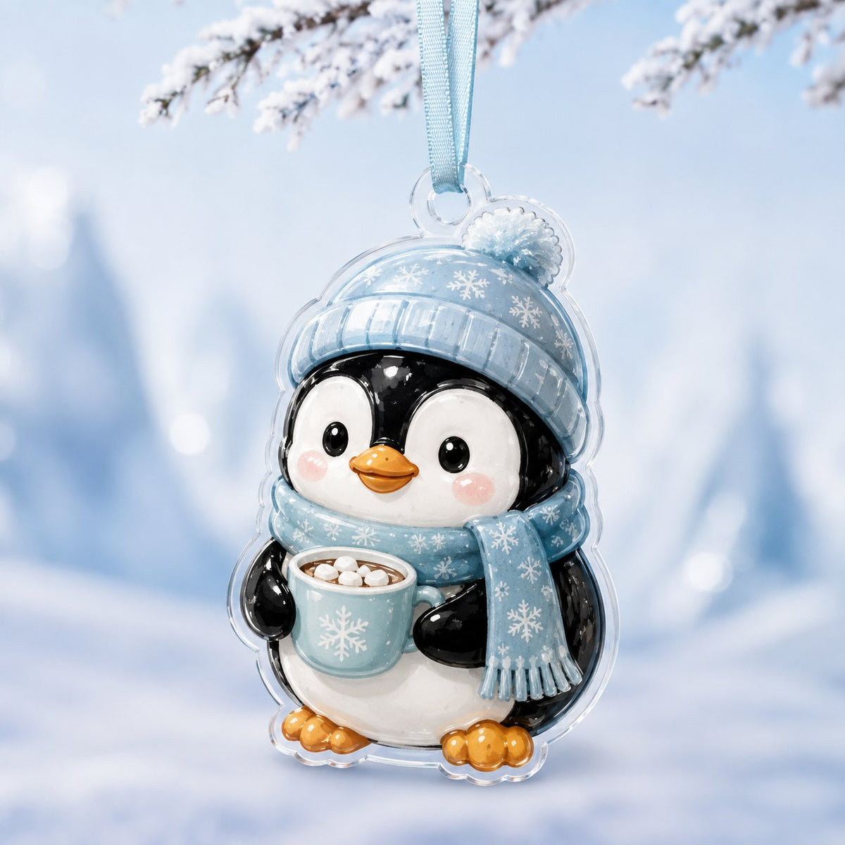 Marshmallow Cocoa Penguin Candy Cane Christmas Ornament