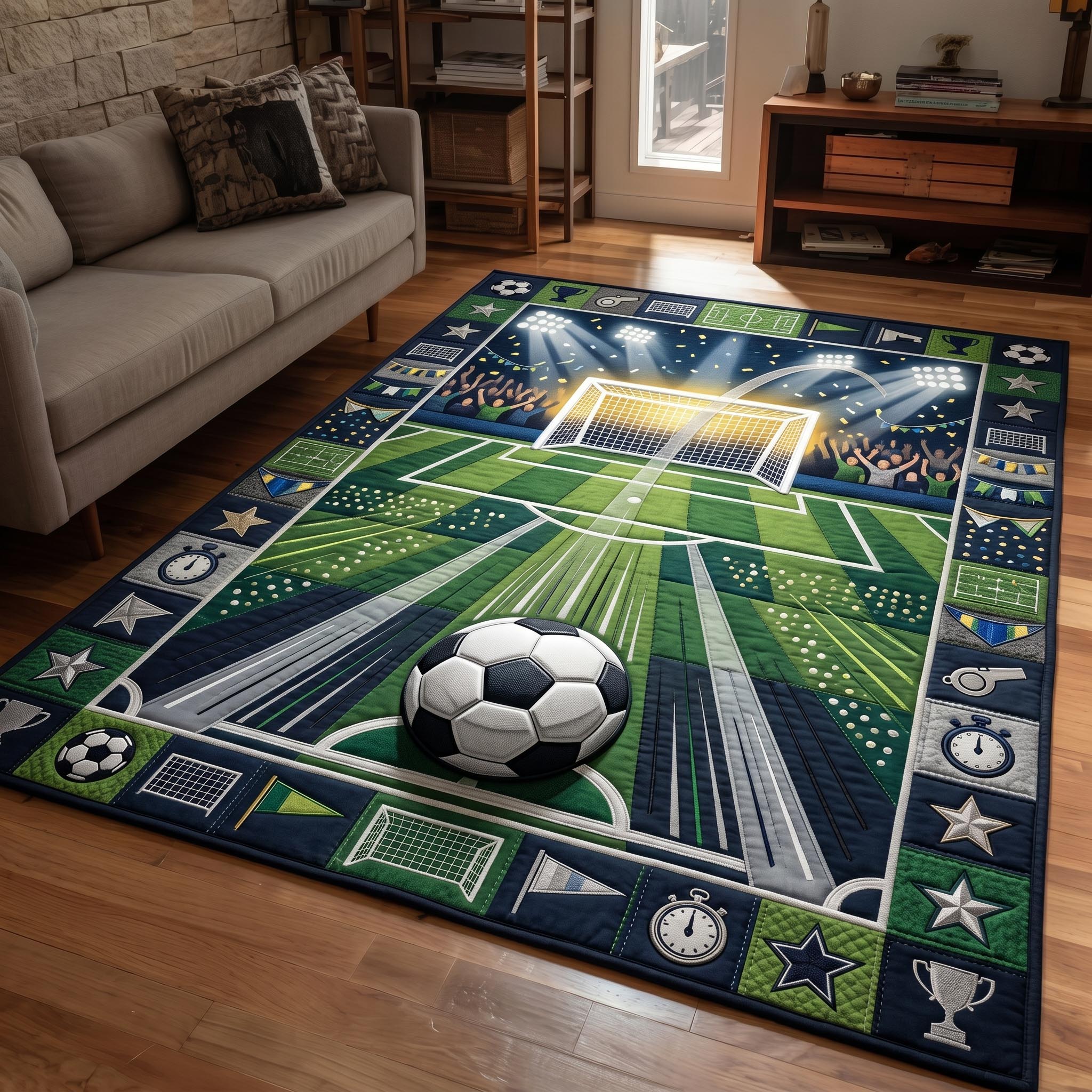 Match Day area rug in a living room