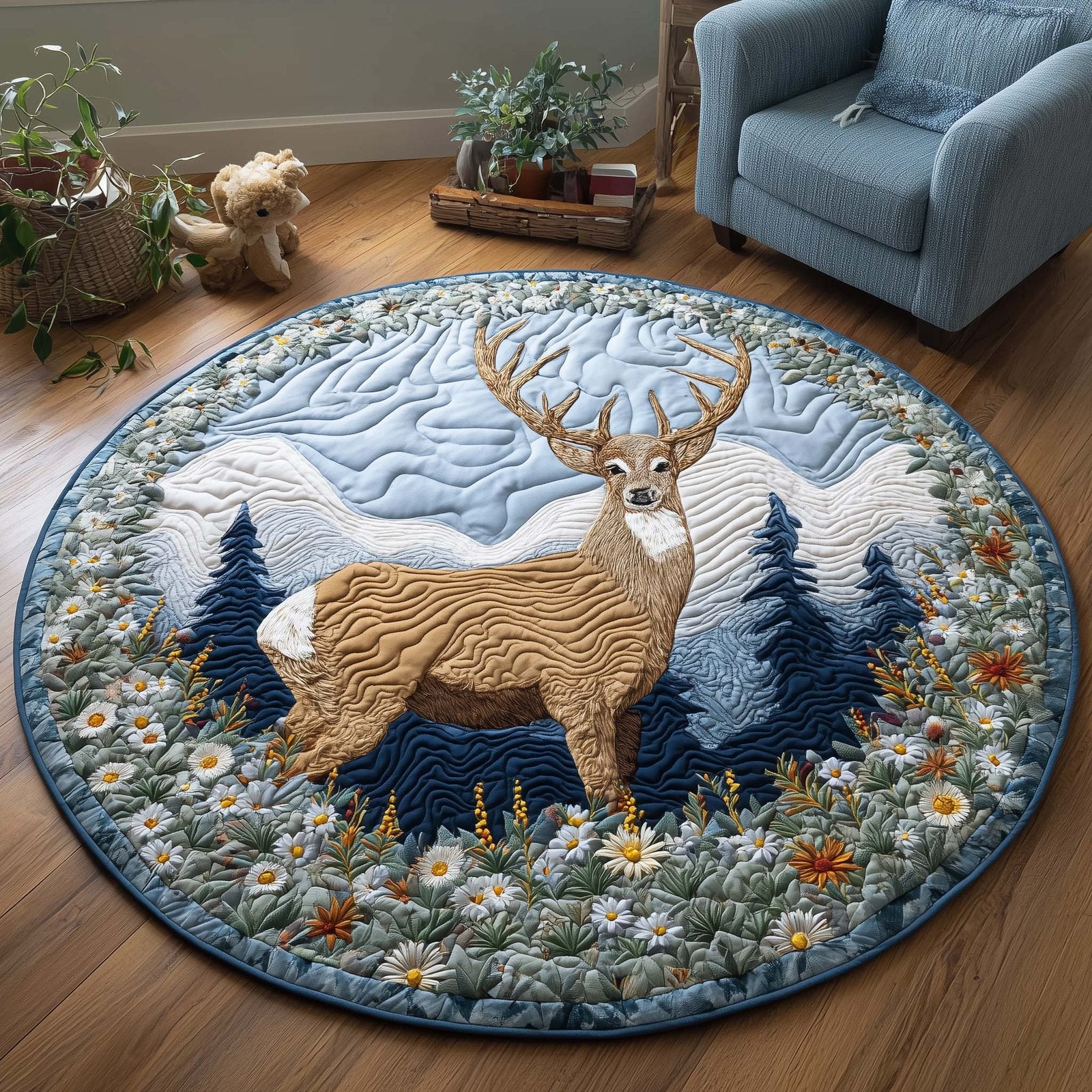 Meadow Stag Round Mat Rug - washable non-slip printed rug