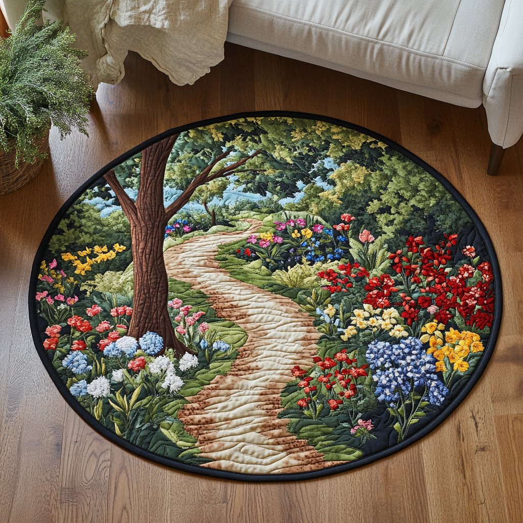 Meadow Stroll Round Mat Rug - washable non-slip printed rug