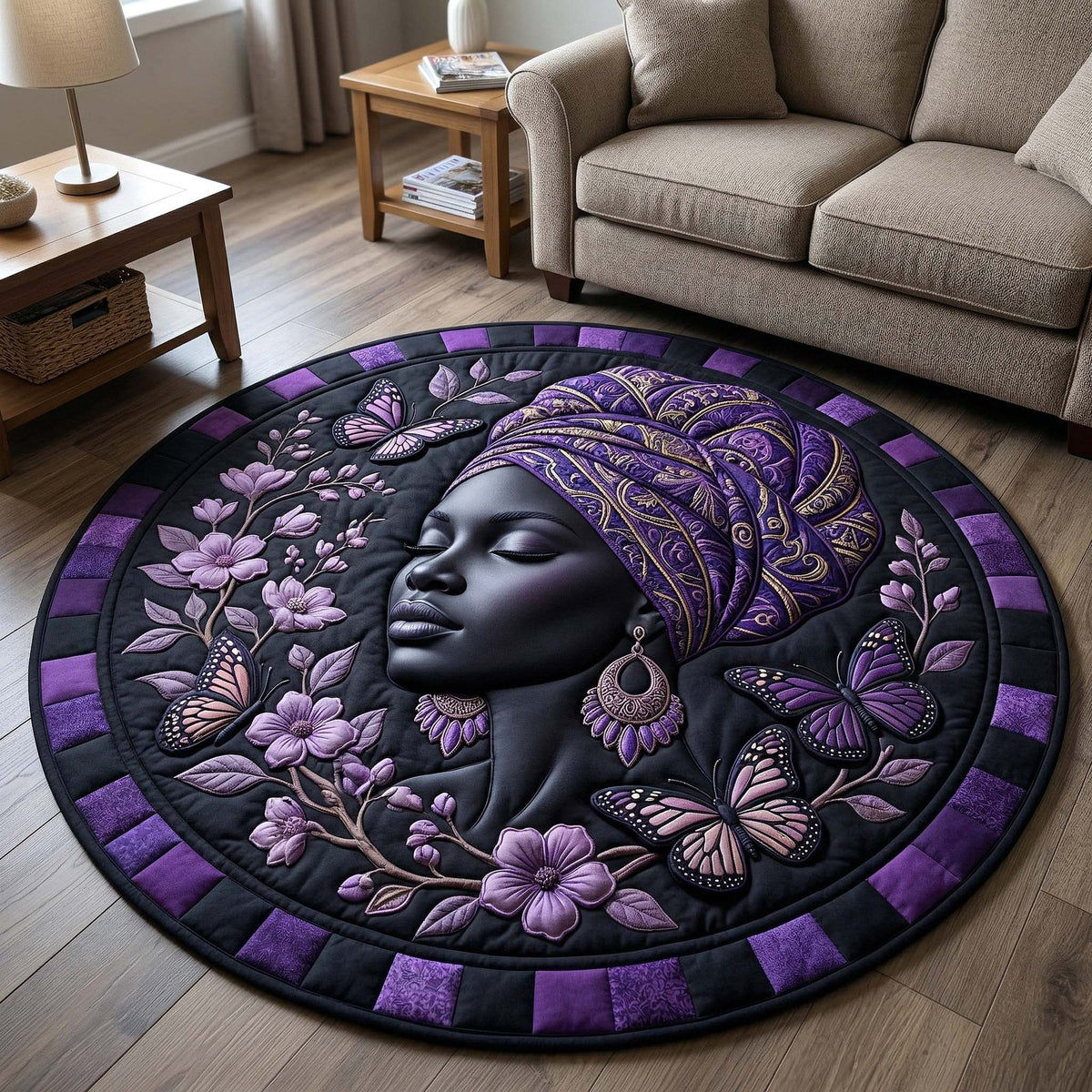 Melanin Goddess (Design 2) Round Mat Rug - washable non-slip printed rug