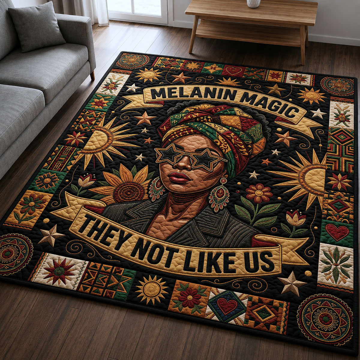 Melanin Magic area rug in a living room