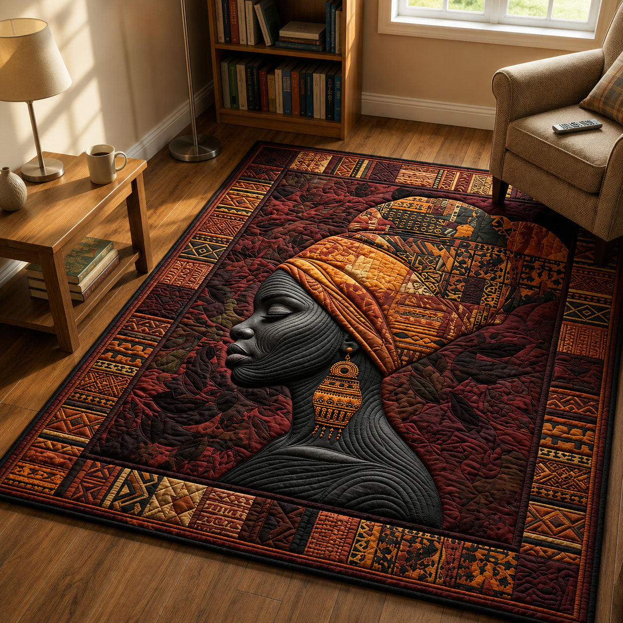Melanin Queen area rug in a living room