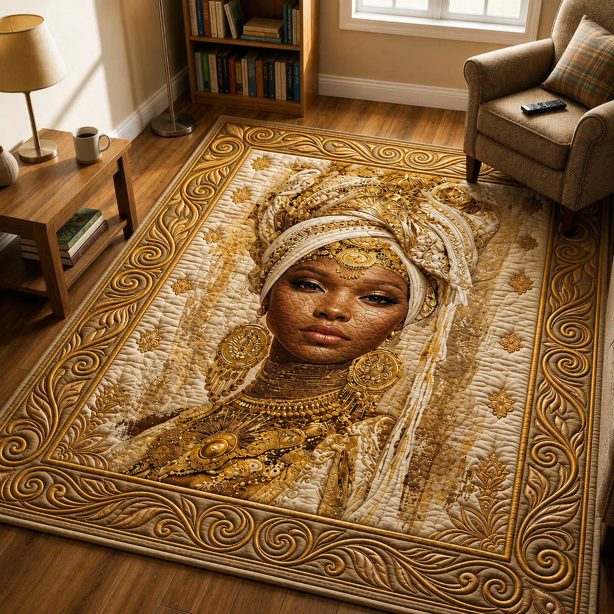 Melanin Queen area rug in a living room