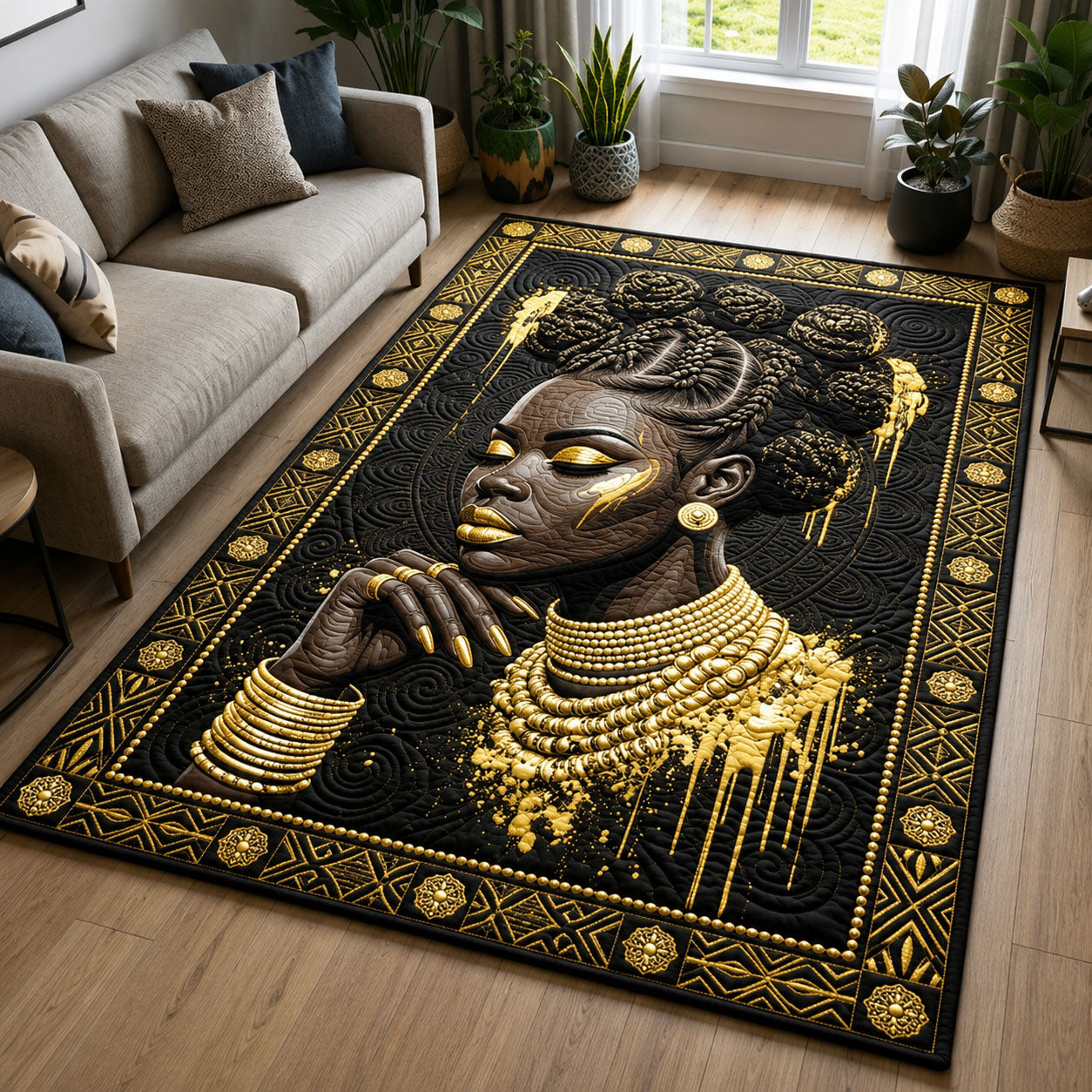 Melanin Queen area rug in a living room