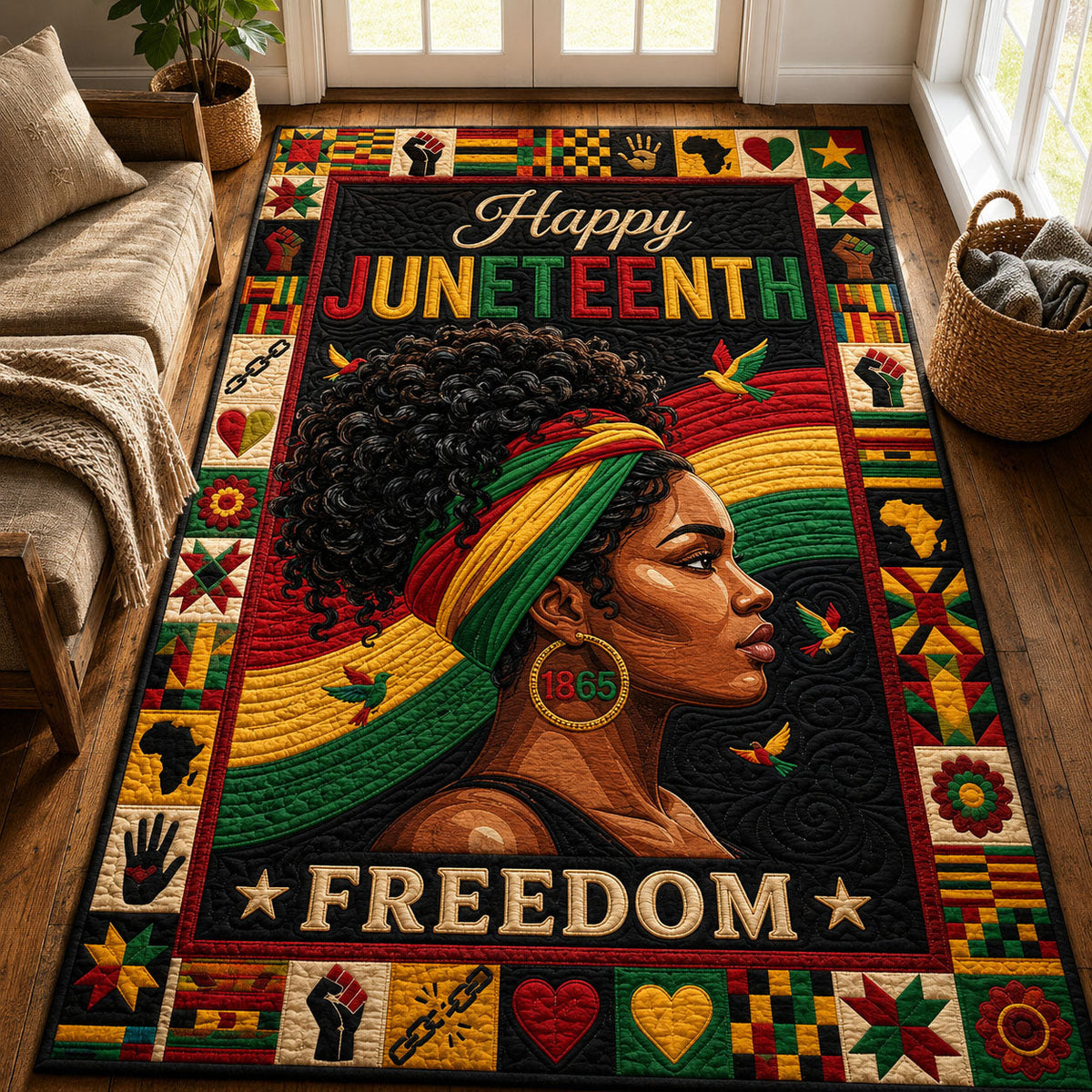 Melanin Queen area rug in a living room