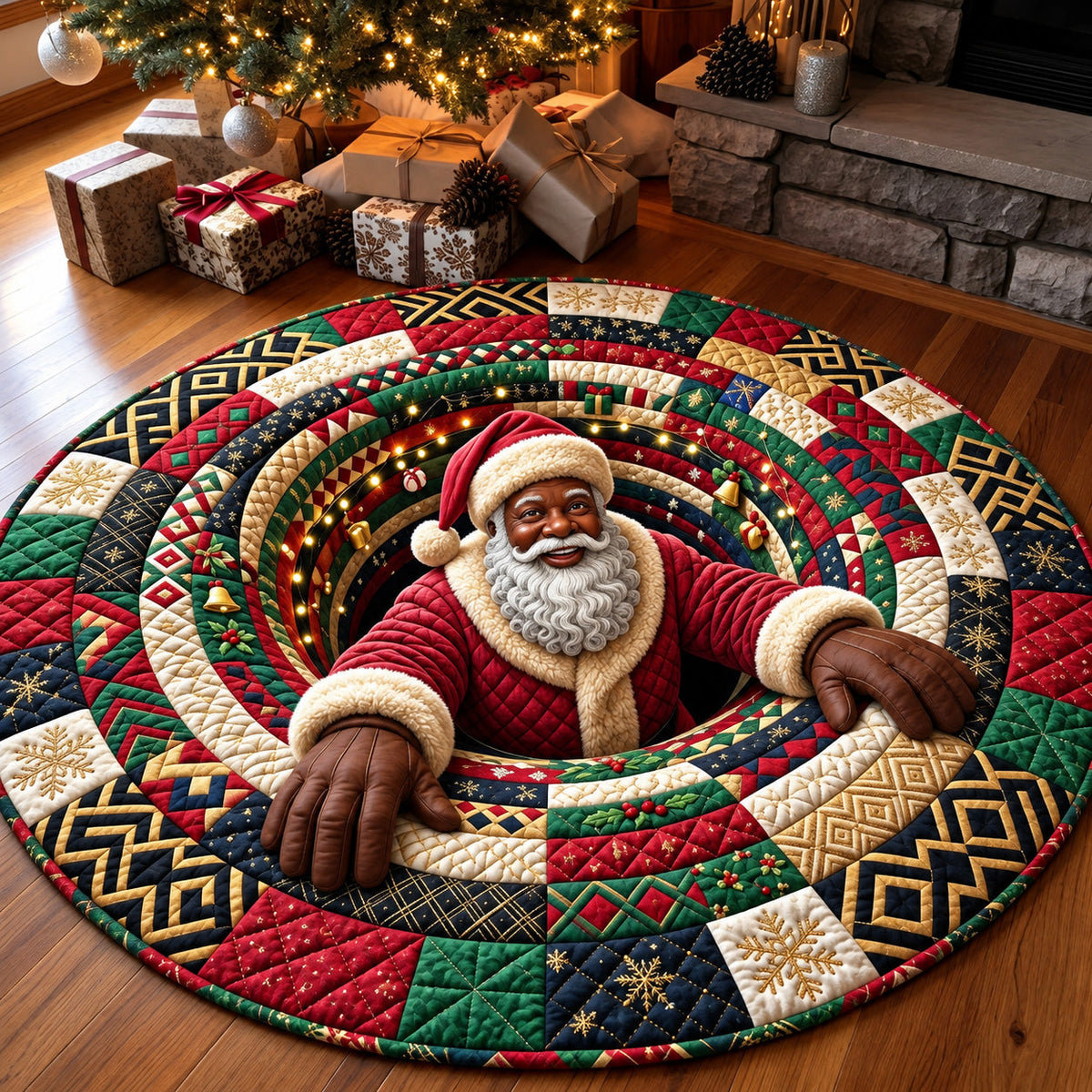 Melanin Santa Christmas Round Mat Rug - Seasonal Design | Festive Home Decor - washable non-slip printed rug