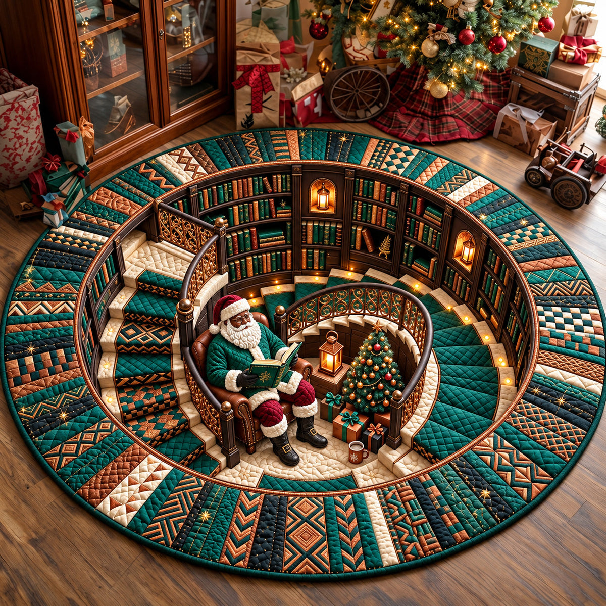 Melanin Santa Spiral Round Mat Rug - Seasonal Design | Festive Home Decor - washable non-slip printed rug