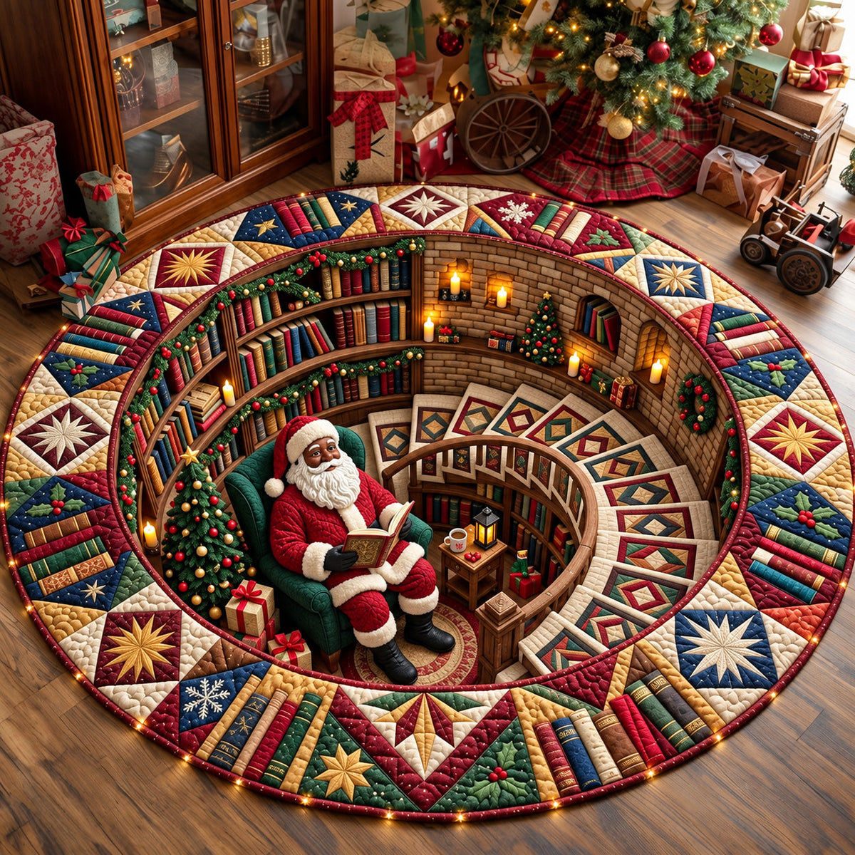Melanin Santa Vortex Round Mat Rug - Seasonal Design | Festive Home Decor - washable non-slip printed rug