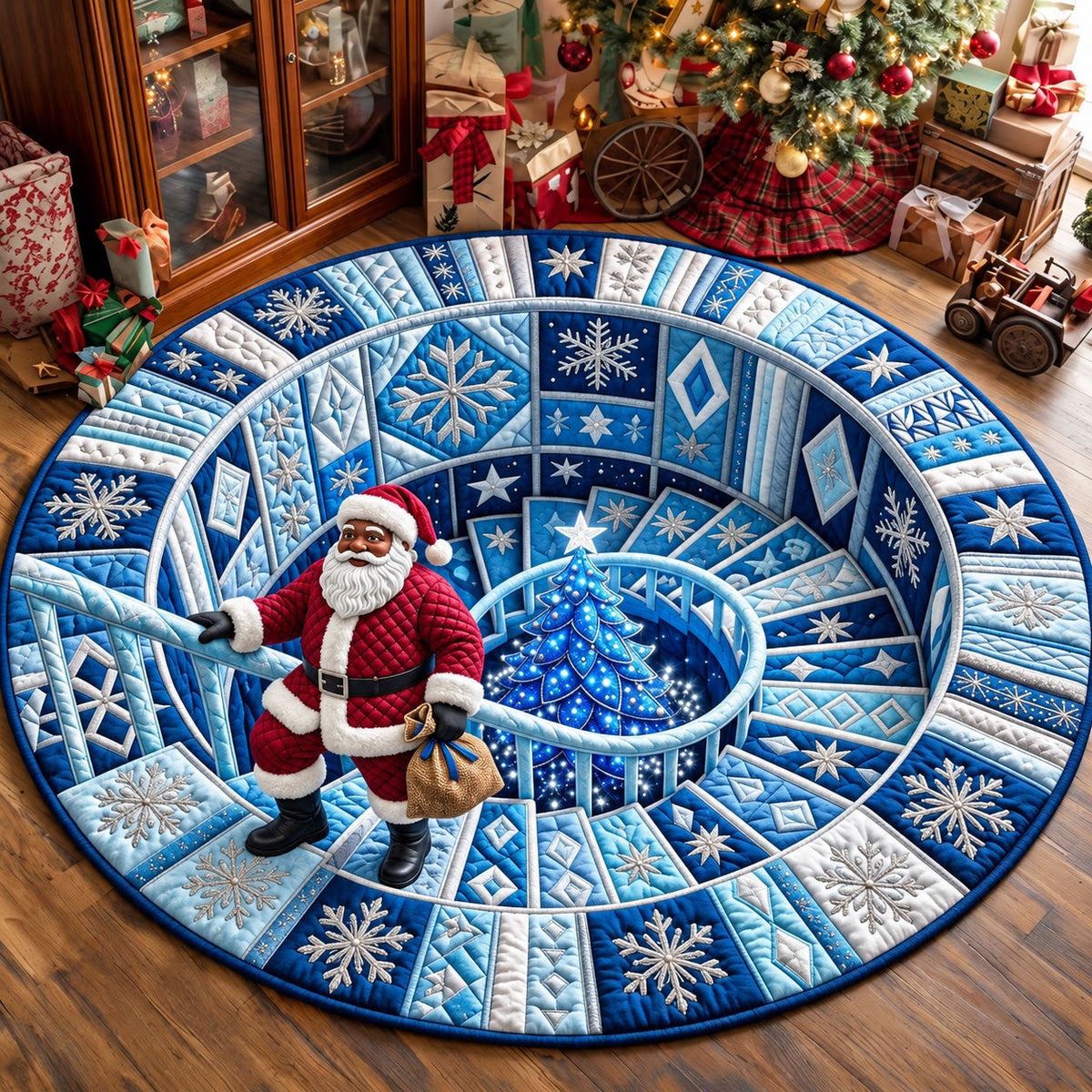Melanin Santa Winter Round Mat Rug - Seasonal Design | Festive Home Decor - washable non-slip printed rug