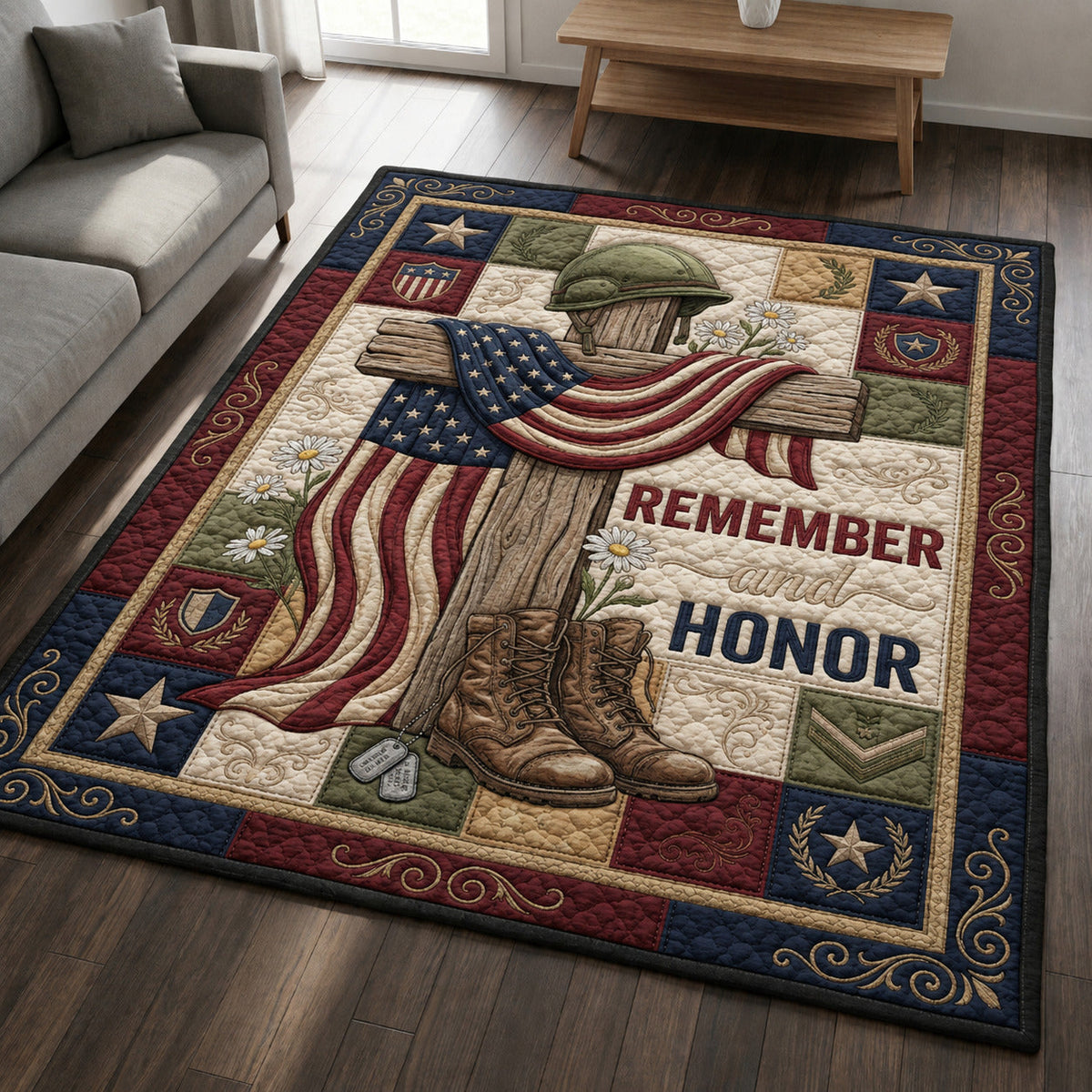 Memorial Day area rug in a living room