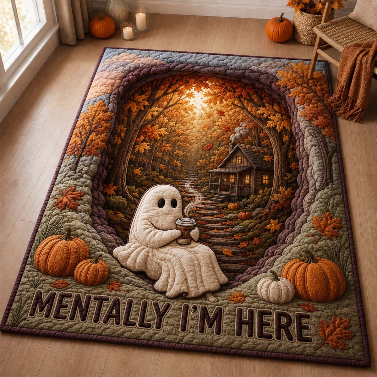 Mentally Autumn Here area rug in a living room