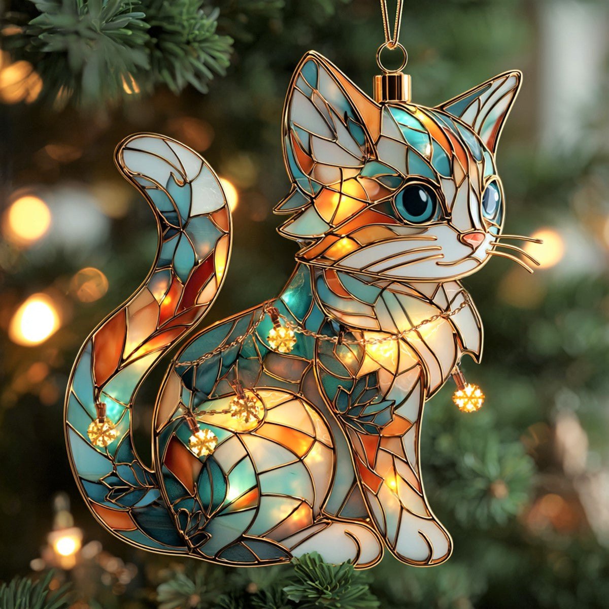 Stained Glass Sitting Cat Christmas Ornament
