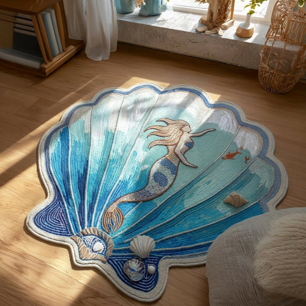 Mermaid Lagoon Custom Shape Area Rug - Coastal Design | Die-Cut Non-Slip Rug - washable non-slip printed rug