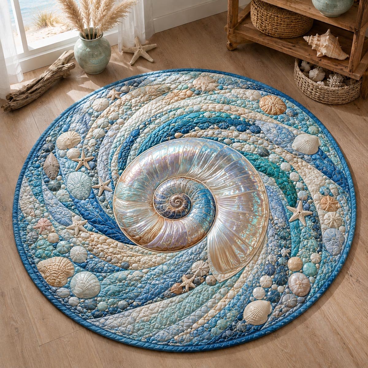 Mermaid Shores Round Mat Rug - washable non-slip printed rug