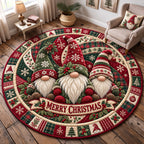 Merry Christmas Gnome Family Round Mat Rug - Seasonal Design | Festive Home Decor - washable non-slip printed rug
