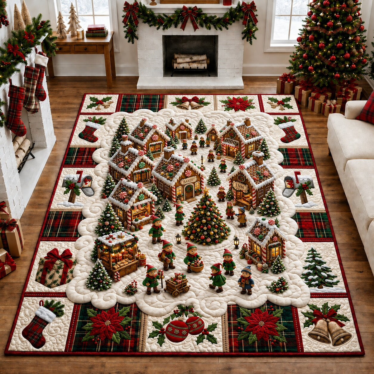 Merry Christmas Village area rug in a living room