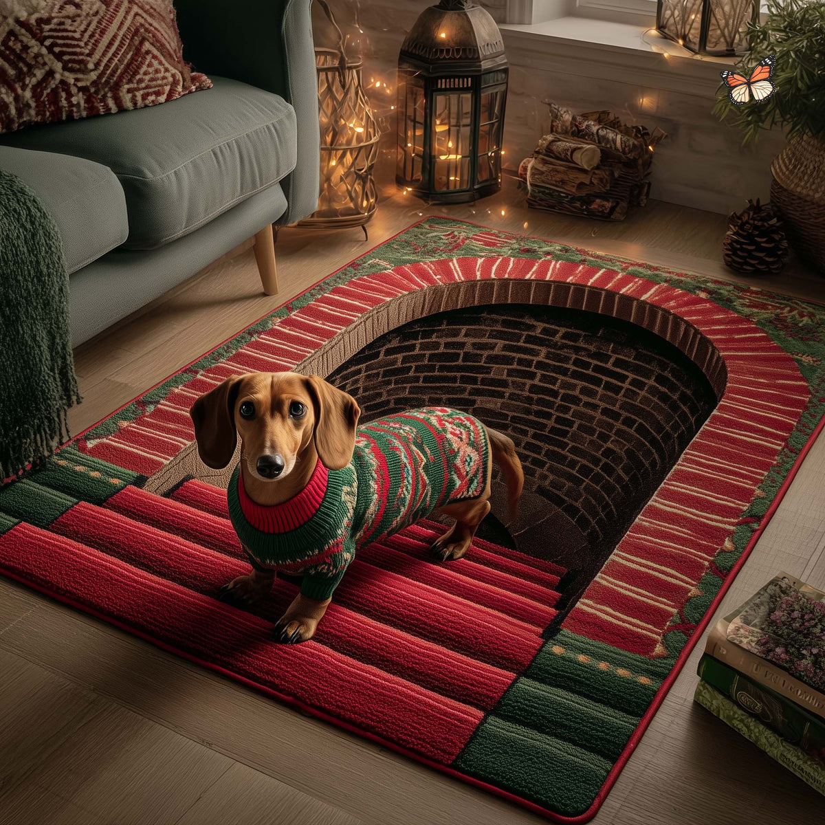 Merry Dachshund area rug in a living room