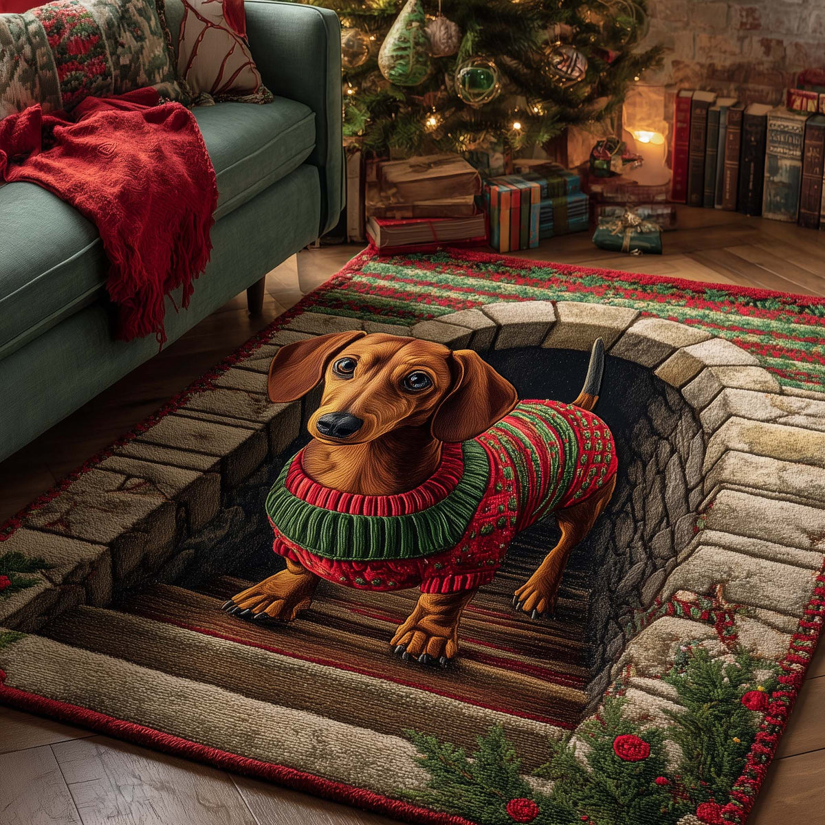 Merry Dachshund area rug in a living room