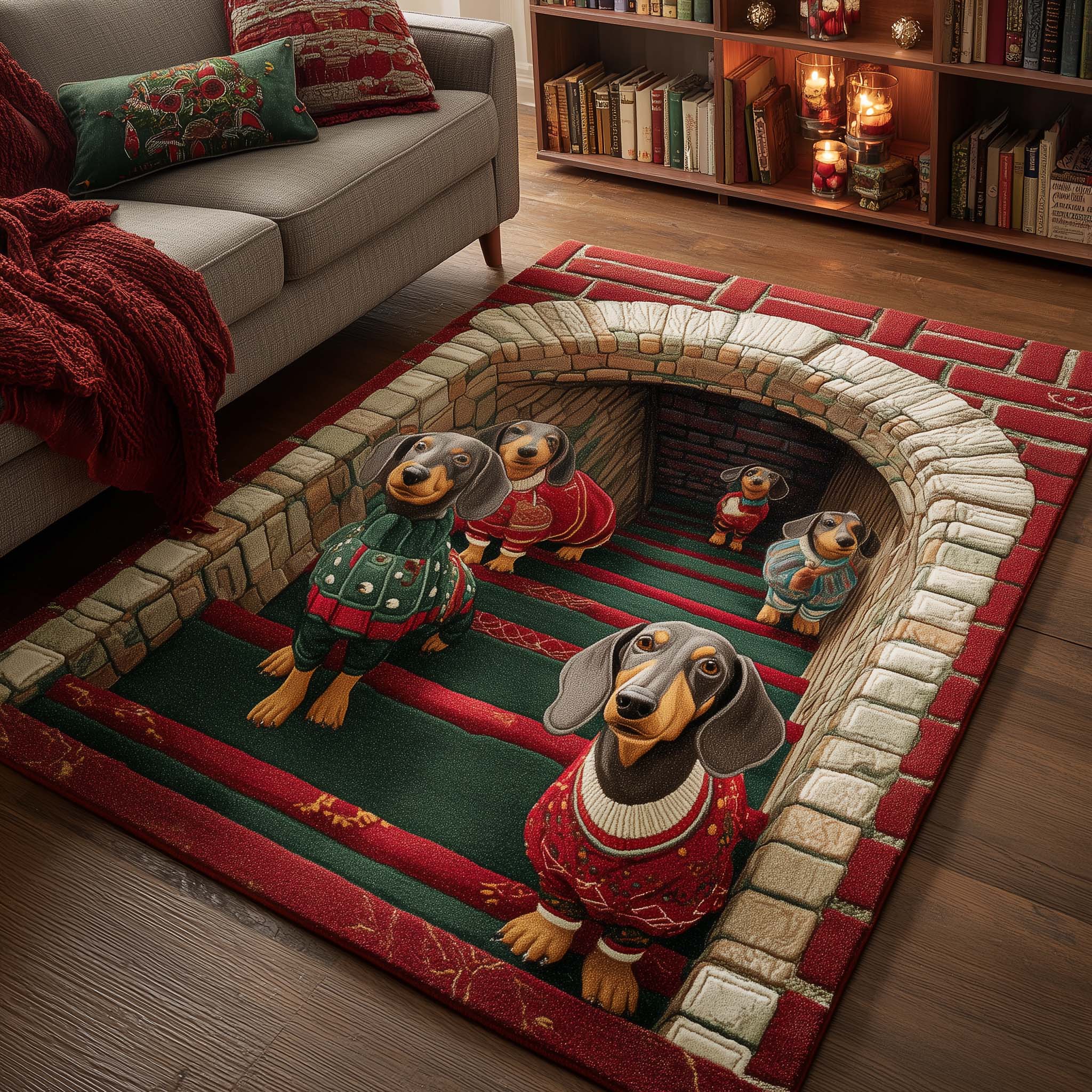 Merry Dachshund area rug in a living room