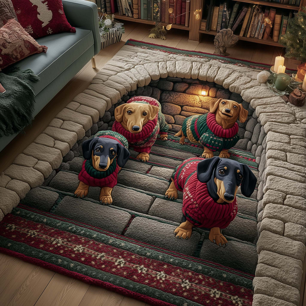 Merry Dachshund area rug in a living room